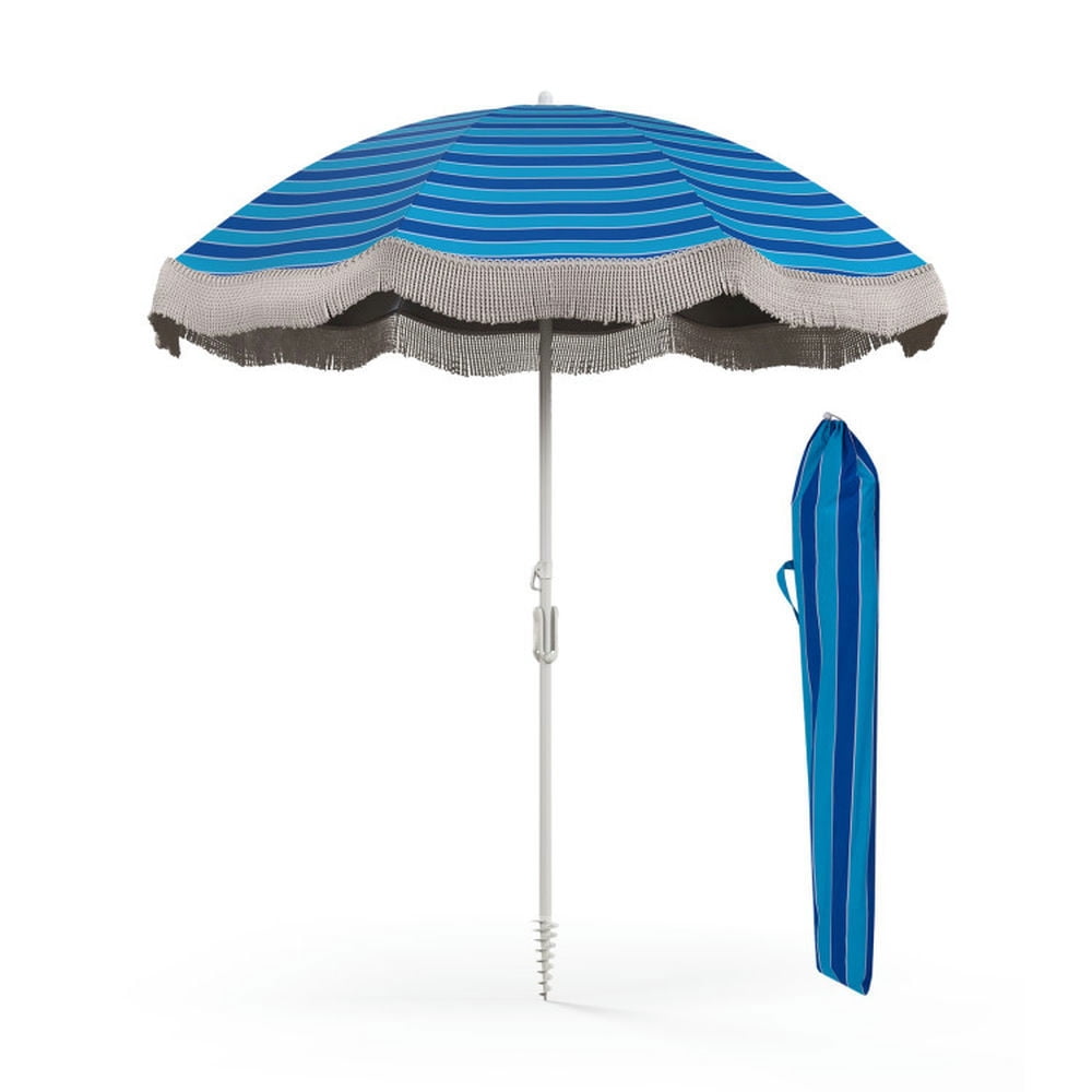Spaco Outdoor Patio Umbrella,Patio Umbrella,6.5 FT Beach Umbrella with Fringe Outdoor Tassel Umbrella with Push Button Tilt-Navy