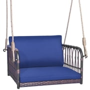 Spaco Outdoor Patio Wicker Hanging Porch Swing with Seat and Back Cushions, Single Person Hanging Seat for Garden, Balcony, Poolside, Blue