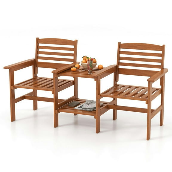 Spaco Outdoor Patio Wood 2-Seat Conversation Set with Solid Wood Construction, Outdoor Bistro Set with Coffee Table and Umbrella Hole, Conversation Set for Outdoor as Garden, Patio, Natural