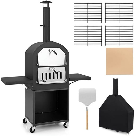 Spaco Outdoor Pizza Oven with Protective Cover and Grill Racks and Built-in Thermometer, Wood Burning Pizza Oven, Black