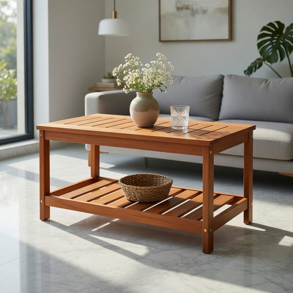 Spaco Outdoor Side Table, 2-Tier Patio Coffee Table with Slatted Tabletop and Shelf,Outdoor Side Table for Patio, Pool, Porch