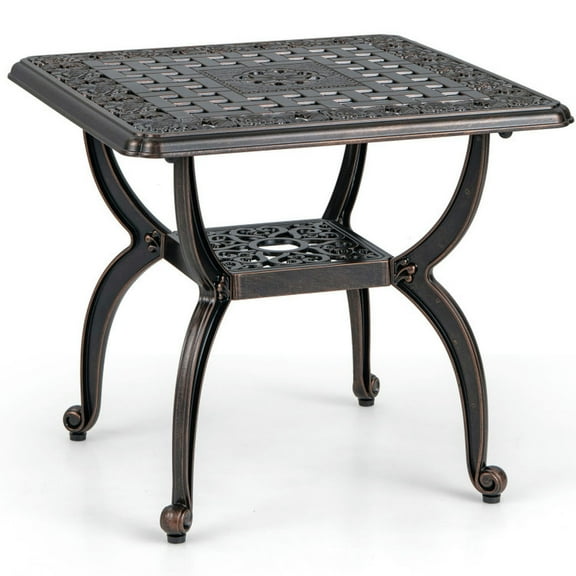 Spaco Outdoor Side Table with All-weather Cast Aluminum Construction, Side Table with Storage Shelf, Side Table for Outdoor as Garden, Porch, Balcony, Rustic Brown