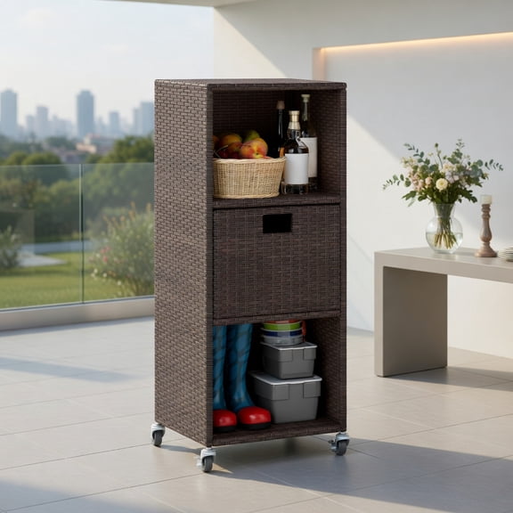 Spaco Outdoor Storage Cabinet with Drawer & 3 Adjustable Shelves, PE Rattan & Metal, Mobile Backyard Organizer for Patio, Poolside, Porch, Brown
