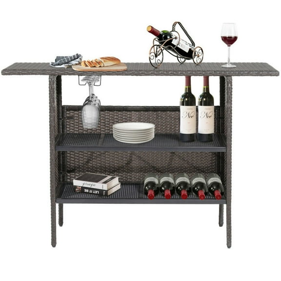 Spaco Outdoor Wicker Bar Table with 2 Metal Mesh Shelves