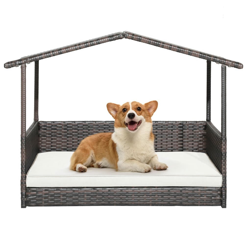 Small Brown and White Wicker Dog House with Canopy