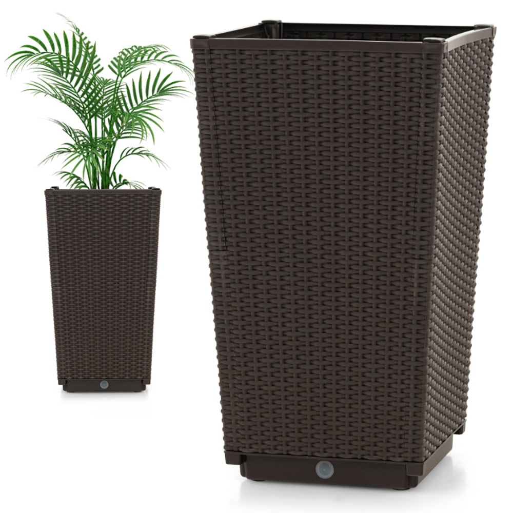 Spaco Outdoor Wicker Flower Pot Set of 2 with Drainage Hole for Porch Balcony-Brown, Outdoor Elevated Flower Box for Backyard/Patio/Gardener