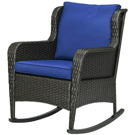 Spaco Outdoor Wicker Rocking Chair with Cushions, Rattan Rocker with Steel Frame for Outdoor as Backyard, Lawn, Garden, Dark Blue