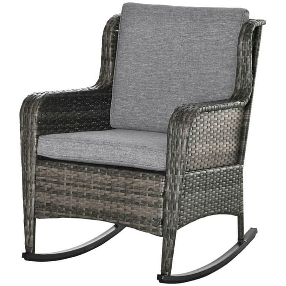 Spaco Outdoor Wicker Rocking Chair with Cushions, Rattan Rocker with Steel Frame for Outdoor as Backyard, Lawn, Garden, Mixed Grey
