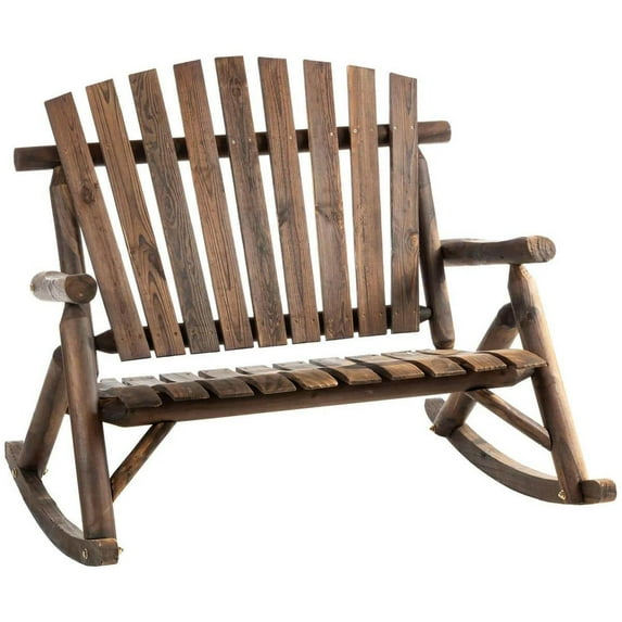 Spaco Outdoor Wooden Rocking Chair with Rustic High Back, Double-Person Adirondack Rocking Patio Chair with Slatted Seat and Backrest for Outdoor as Backyard, Lawn, Garden, Brown