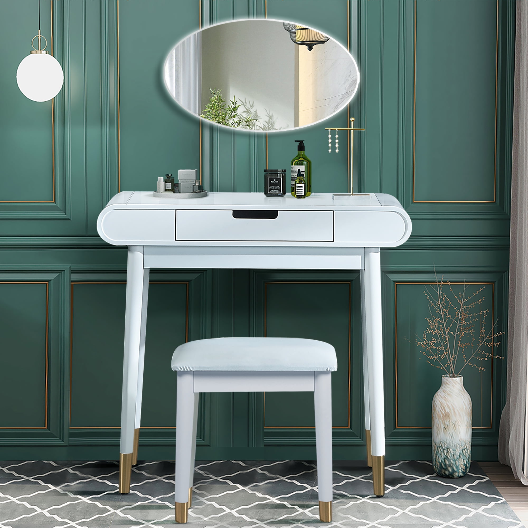 Spaco Oval Makeup Table with Mirror for Bedroom, High Gloss Finish Dressing Table with Solid Stool, White Spaco Oval Makeup Table with Mirror for Bedroom, High Gloss Finish Dressing Table with Solid Stool, White