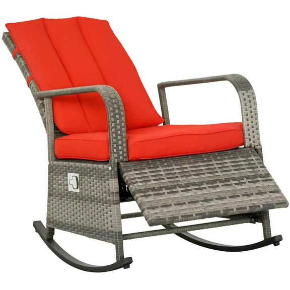 Spaco PE Rattan Rocking Recliner with Footrest, Rocking Chair for Outdoor as Backyard, Lawn, Garden, Red