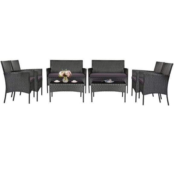 Spaco Patio Furniture 4 Pieces Conversation Sets Outdoor Wicker Rattan Chairs Garden Backyard Balcony Porch Poolside loveseat with Tempered Glass Coffee Table-Gray & Off White