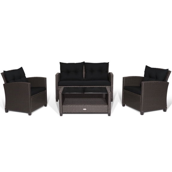 Spaco Patio Furniture 4 Pieces Patio Rattan Furniture Set, Outdoor Wicker Rattan Chairs Garden Backyard Balcony Porch Poolside loveseat with Tempered Glass Coffee Table-Black