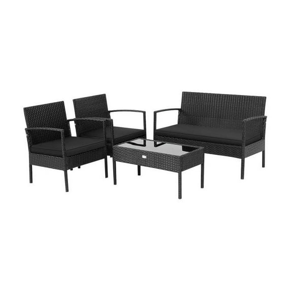 Spaco Patio Furniture Patio Rattan Wicker Conversation Set , Outdoor Wicker Rattan Chairs Garden Backyard Balcony Porch Poolside loveseat, Sofa Cushioned Loveseat Glass Table-Navy