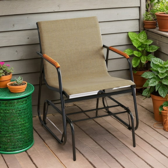 Spaco Patio Glider Chair Set of 2, Glider Chair with Curved Teak Armrests and Breathable Fabric Seat for Patio, Garden, Backyard, Brown