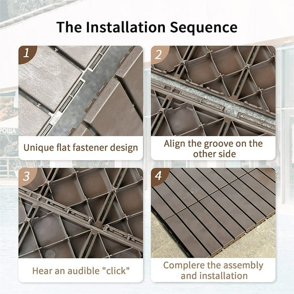 Spaco Patio Interlocking Deck Tiles, 12"x12" Square Composite Decking Tiles, Four Slat Plastic Outdoor Flooring Tile All Weather for Balcony Porch Backyard (Dark Brown, Pack of 9)