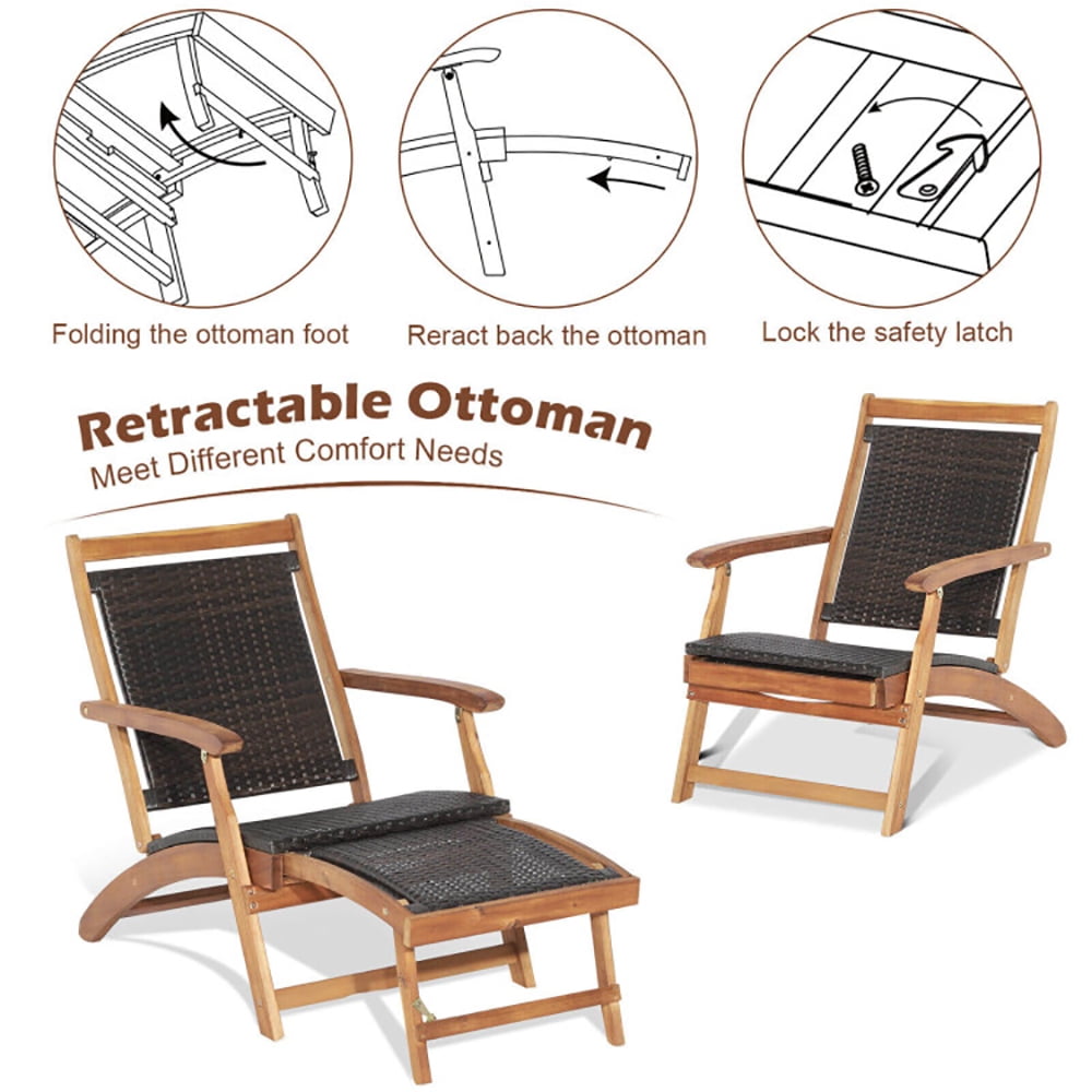 Acacia Wood and Brown PE Rattan Folding Lounge Chair Set with Retractable Ottoman