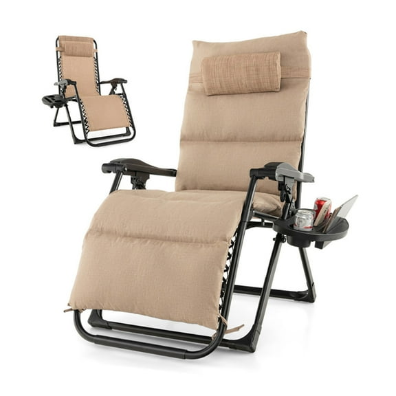 Spaco Patio Lounge Chair, Adjustable Metal Zero Gravity Lounge Chair with Removable Cushion and Cup Holder Tray-Beige