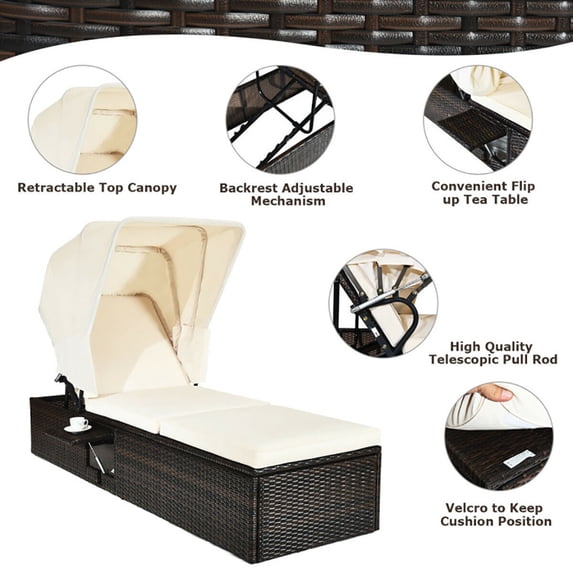 Spaco Patio Lounge Chair, Chaise Cushioned Top Canopy Patio Rattan Lounge Chair with Tea Table