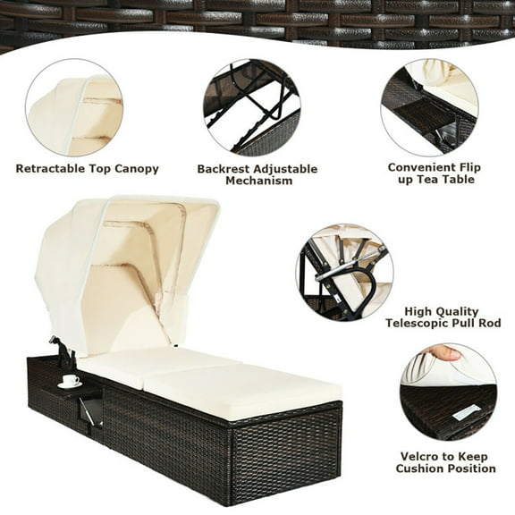 Spaco Patio Lounge Chair, Chaise Cushioned Top Canopy Patio Rattan Lounge Chair with Tea Table
