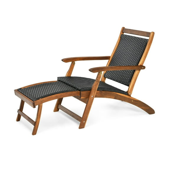 Spaco Patio Lounge Chair, Patio Rattan Folding Lounge Chair with Acacia Wooden Frame Retractable Footrest