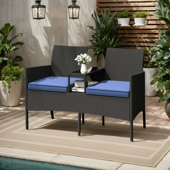 Spaco Patio Loveseat with Built-in Table, Patio Conversation Set for Patio, Garden, Backyard, Navy