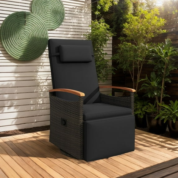 Spaco Patio Rattan 360° Swivel Recliner Chair, Recliner Chair with Adjustable Backrest and Footrest for Patio, Garden, Backyard, Black