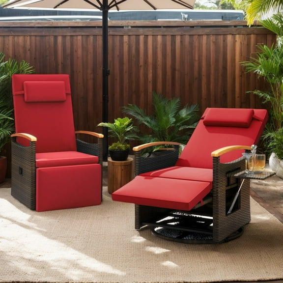 Spaco Patio Rattan 360° Swivel Recliner Chair, Recliner Chair with Adjustable Backrest and Footrest for Patio, Garden, Backyard, Red