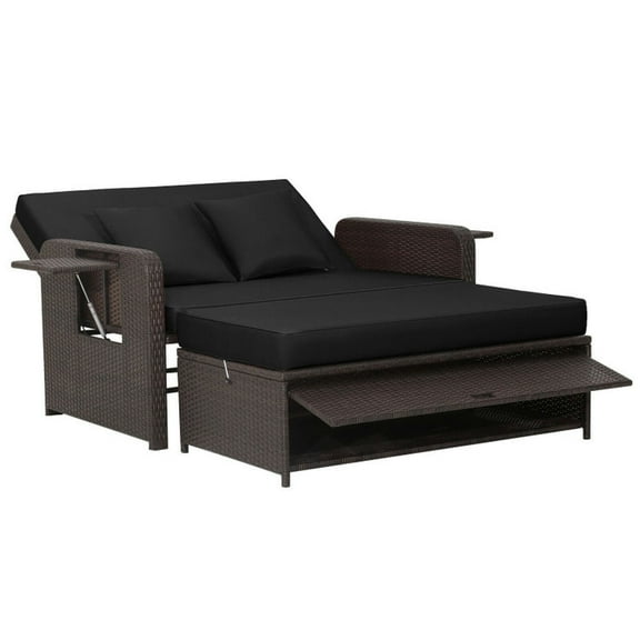 Spaco Patio Rattan Daybed with 4-Level Adjustable Backrest, Daybed with Retractable Side Tray, Patio Rattan Daybed Set for Outdoor, Black