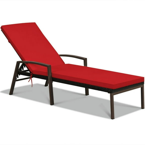 Spaco Patio Rattan Lounge Chaise Recliner with Back Adjustable Cushioned, Comfortable Sun Lounger with 5 Adjustable Reclining Positions, Lounge Chaise for Outdoor, Red