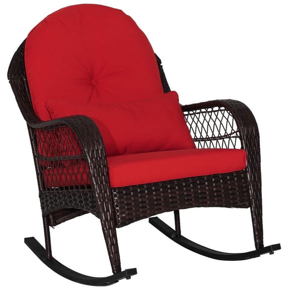 Spaco Patio Rattan Rocking Chair with Seat Back Cushions and Waist Pillow, Outdoor Glider Rocking Chair for Porch,Backyard,Indoor and Garden, Red