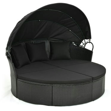 Spaco Patio Round Daybed with 2 Pieces of Half-Moon Sofas, Rattan Wicker Daybed with Retractable Canopy and Pillows, Patio Daybed for Outdoor, Black