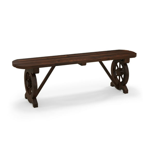 Spaco Patio Rustic Wood Bench with Wagon Wheel Base,Wooden Garden Patio Bench
