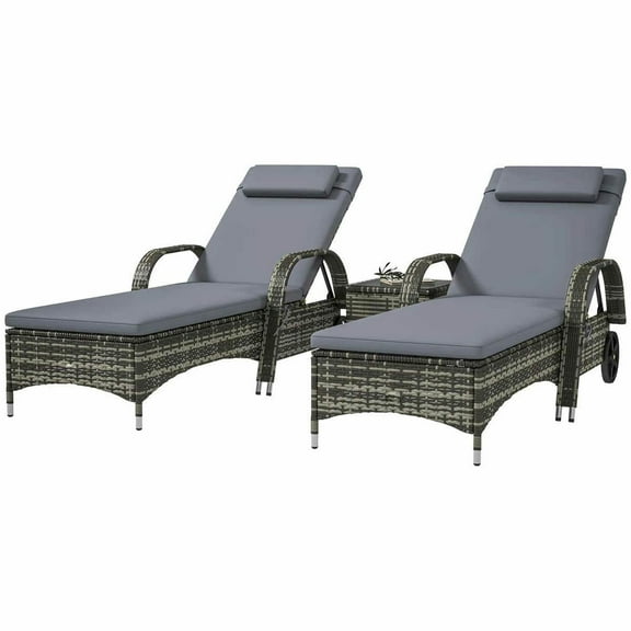 Spaco Patio Wicker Chaise Lounges with 2 Seating, Reclining Backrest, Casters, Pillow & Pillow, Outdoor Lounge Chairs with Table for Garden, Poolside, Gray