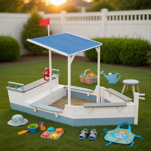 Spaco Pirate Ship Wooden Sandbox, Canopy, Bench Seats, Bottom Liner, Splinter-Free, Multicolor