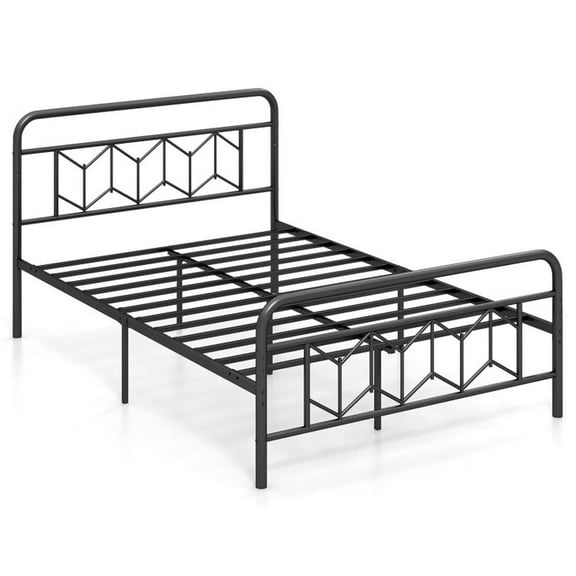 Spaco Platform Bed with High Headboard and Snap Lock Metal Slats, Full Size, Simple Bed Frame for Indoor as Bedroom, Black