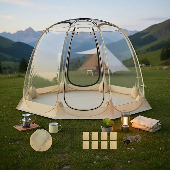 Spaco Pop-Up Bubble Tent, 8.5 ft Diameter Transparent PVC Igloo Screen House with 540 Panoramic View, Instant Setup for 46 People, Portable & Weather-Resistant, Beige
