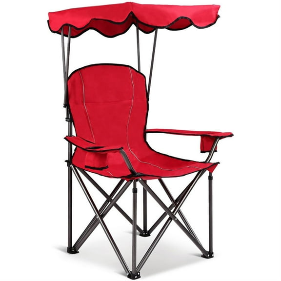 Spaco Portable Camping Chair with Umbrella and Back, Outdoor Folding Beach Canopy Chair with Cup Holder, Red