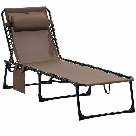 Spaco Portable Chaise Lounger, Folding Sun Lounger with Pillow, Reclining Beach Cot, Adjustable Backrest, Garden Patio Camping Cot, Brown