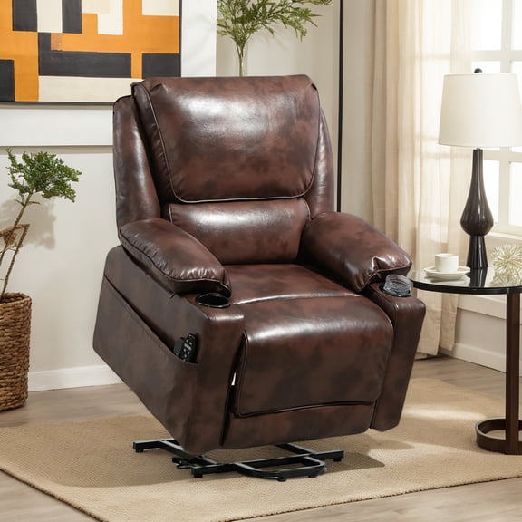 Spaco Power Lift Chair with Remote and Side Pockets, Faux Leather Recliner Sofa with Vibration Massage and Heat for Indoor as Living Room, Bedroom, Brown