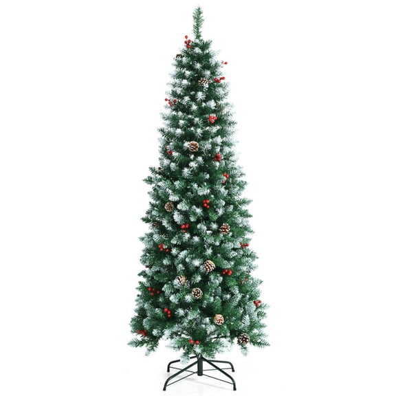 Spaco Pre-lit Artificial Pencil Christmas Tree with Pine Cones and Red Berries, 6 Ft Pencil Christmas Tree, Artificial Christmas Tree for Indoor as Living Room, Green