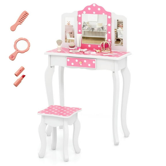 Spaco Princess Pretend Play Makeup Dressing Table with Cute Polka Dot Print, 2 in 1 Vanity Set with An Anti-Toppling Device, Vanity Set for Indoor, Pink