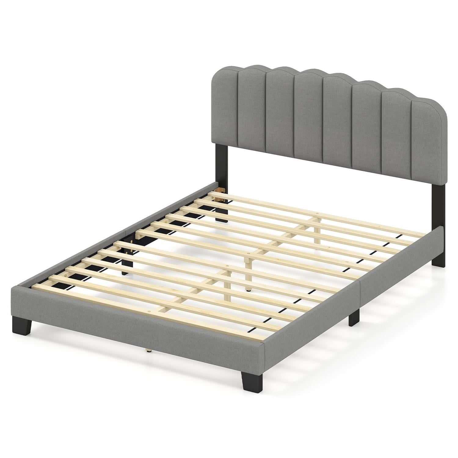 Spaco Queen Size Bed Frame, Adjustable Scalloped Tufted Headboard (2 Heights), Linen Upholstery, 12 LVL Slats, 770LBS Capacity, Gray + Black