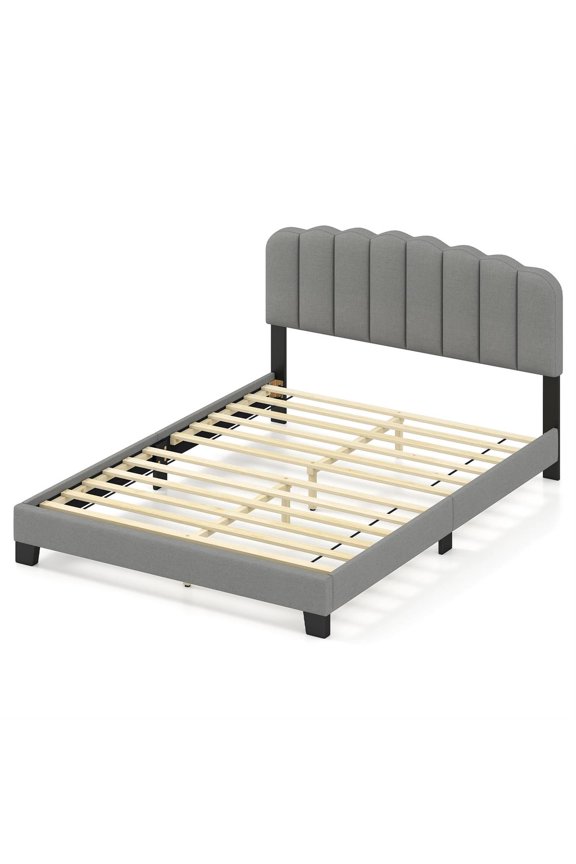 Queen Size Bed Frame, Adjustable Scalloped Tufted Headboard (2 Heights), Linen Upholstery, 12 LVL Slats, 770LBS Capacity, Gray + Black