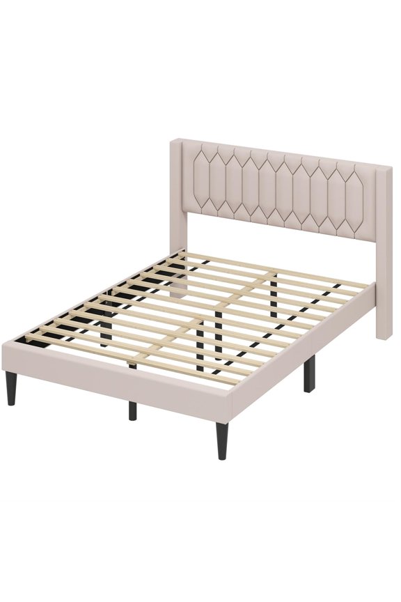 Queen Size Dutch Linen Upholstered Platform Bed, Wingback Headboard, Breathable Linen & Sponge, 12 LVL Slats + Middle Bar, Beige