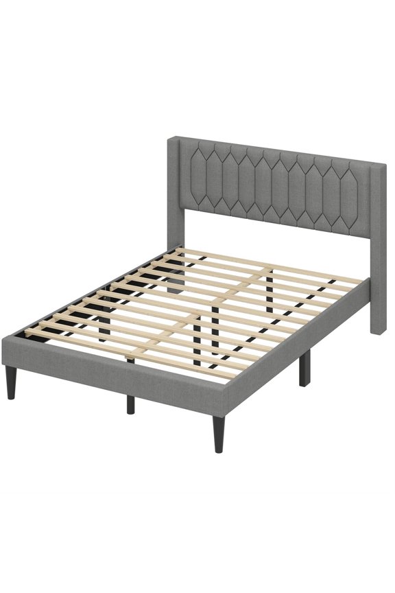 Queen Size Dutch Linen Upholstered Platform Bed, Wingback Headboard, Linen Fabric & Sponge, 12 LVL Slats + 10 Support Legs, Gray