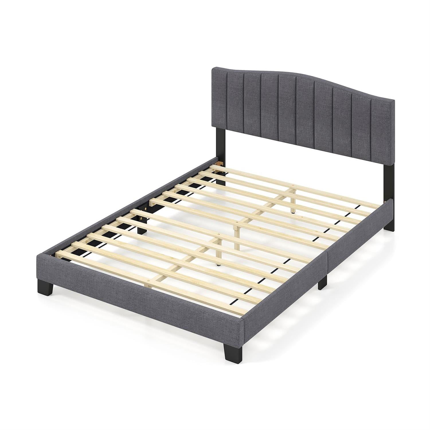 Spaco Queen Size Modern Upholstered Bed Frame, Adjustable Vertical Channel Tufted Headboard, Linen Fabric & Foam, 12 LVL Slats, Gray + Black