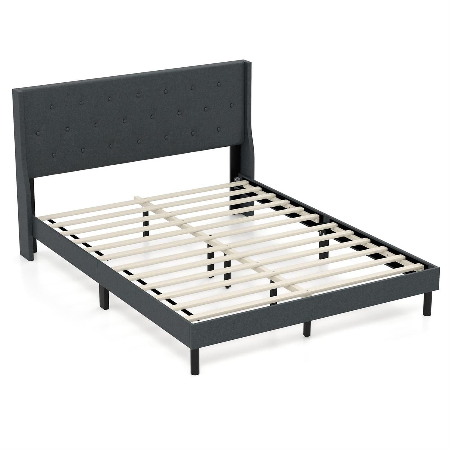 Spaco Queen Size Upholstered Bed Frame, Button Tufted Wingback Headboard, Linen Fabric & Foam, Rubber Wood Legs + Middle Support, Gray