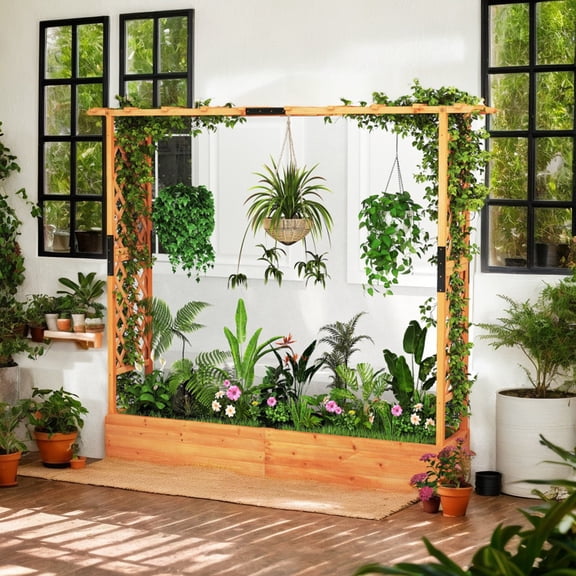 Spaco Raised Garden Bed, Garden Bed with Arch Trellis and Hanging Roof for Patio, Garden, Backyard, Orange