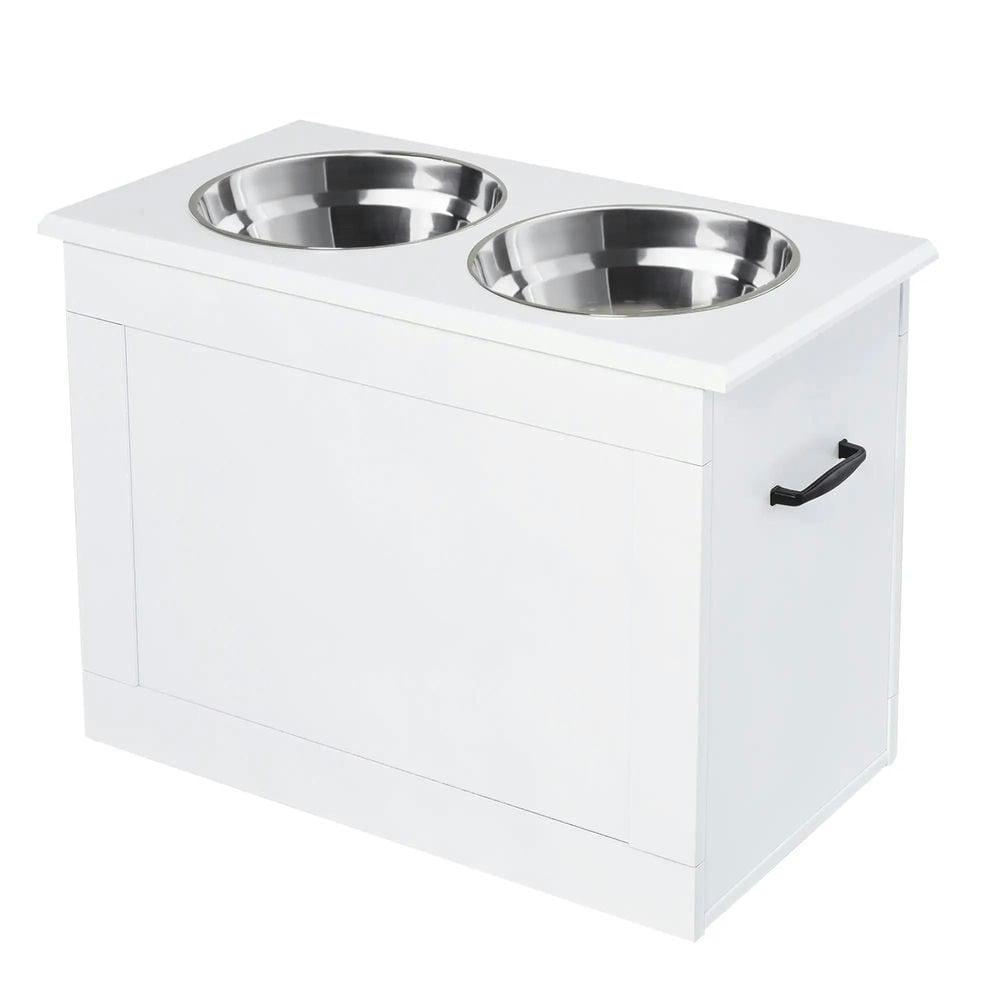 Spaco Raised Pet Feeding Storage Station with 2 Stainless Steel Bowls Base, Feeding Storage Station for Large Dogs and Other Large Pets, White